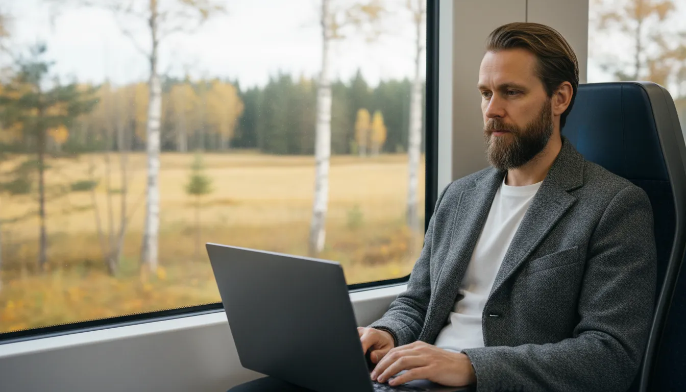 Yrittäjä työskentelee kannettavalla junan ikkunapaikalla, ikkunan takana syksyinen pelto ja koivuja