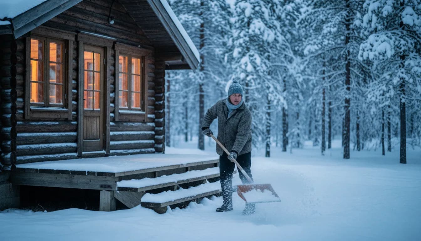 Matkailuyrittäjä lapioi lunta hirsimökin portailta sinisen hetken valossa, kirjanpito Rovaniemi