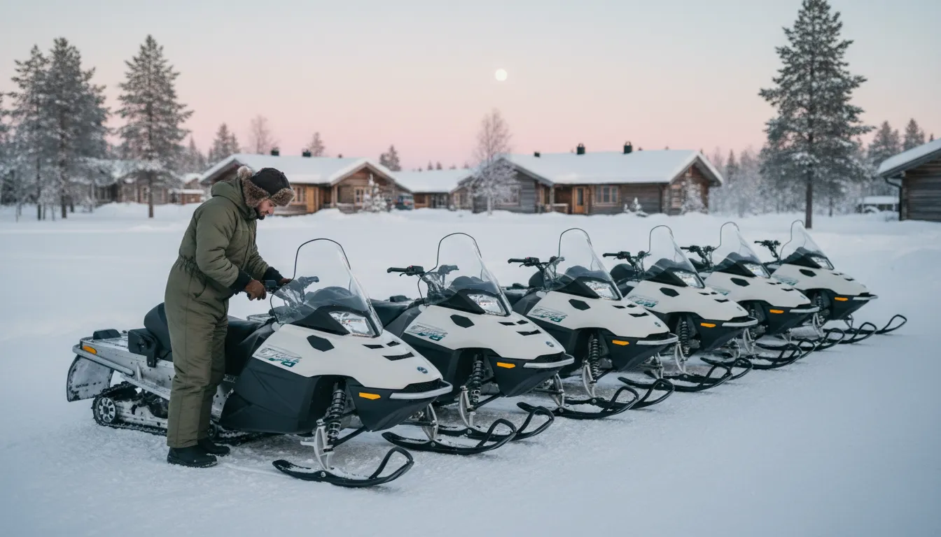 Opas valmistelee moottorikelkkoja lumisella pihalla ennen asiakasryhmän saapumista, tilitoimisto Rovaniemi
