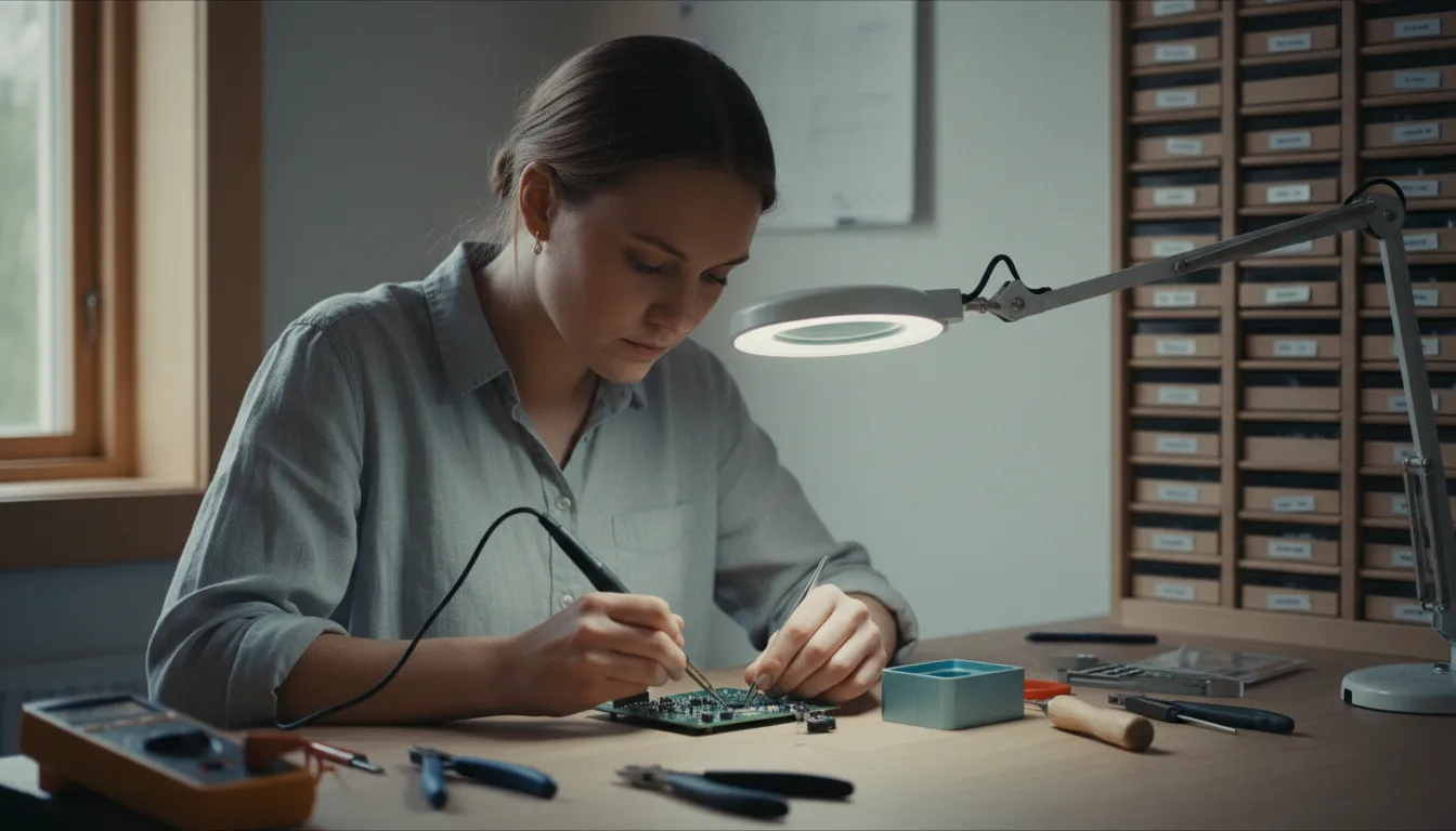 Elektroniikkasuunnittelija juottaa piirilevyä työpöydällä pienessä laboratoriotilassa, kirjanpito Salo