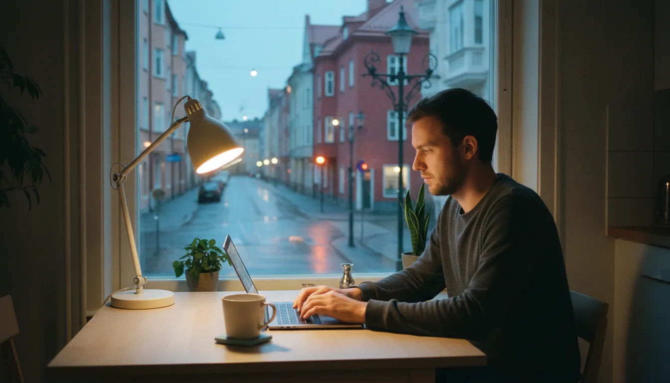 Nuori yrittäjä työskentelee illalla kannettavalla kerrostaloasunnon keittiön pöydän ääressä, kirjanpito Tampere