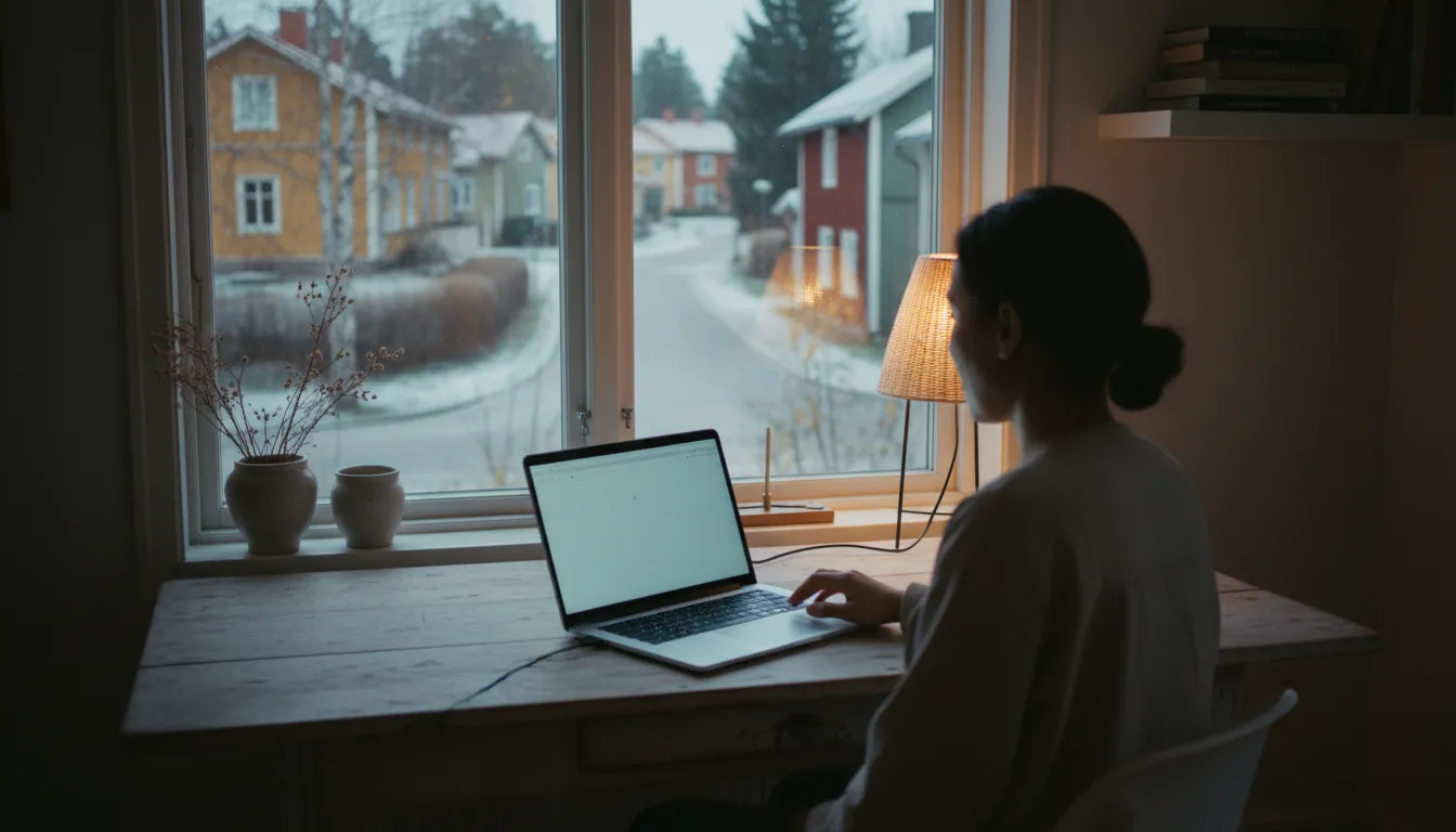 Yrittäjä videopuhelussa kannettavalla kotinsa työpöydän ääressä puutalokaupunginosassa, tilitoimisto Turku