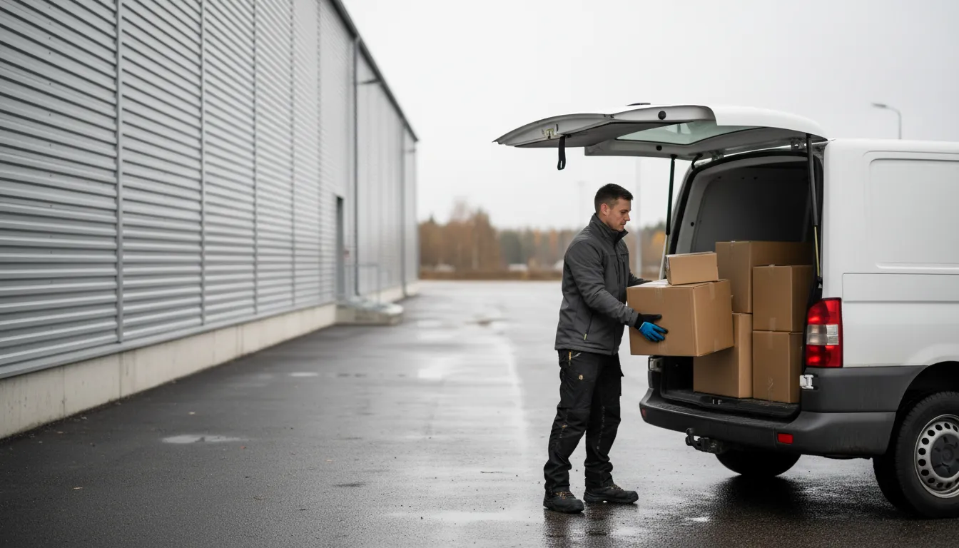 Kuljetusyrittäjä lastaa paketteja valkoiseen pakettiautoon varastorakennuksen lastauslaiturilla, kirjanpito Vantaa