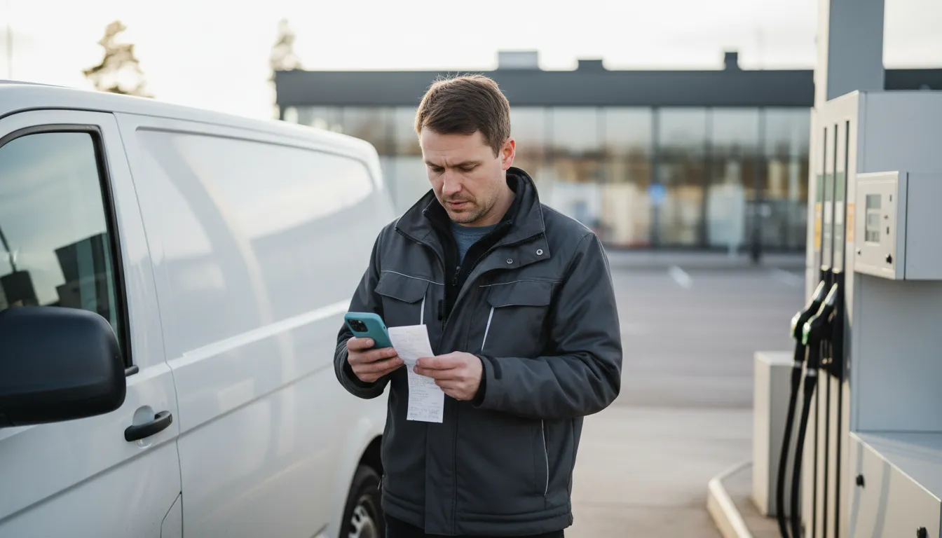 Pakettiautoyrittäjä kuvaa tankkauskuitin puhelimella huoltoaseman pihalla, kirjanpitäjä Vantaa
