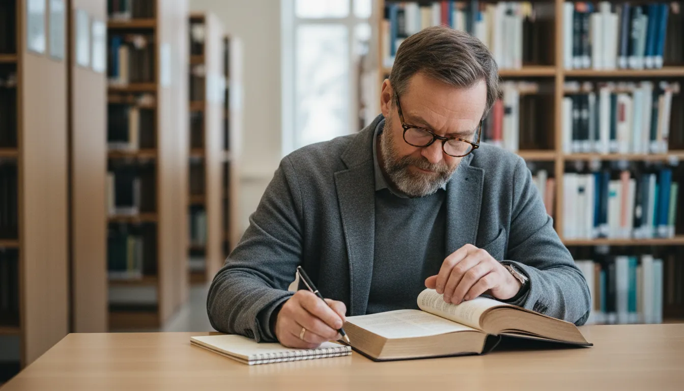 Yrittäjä lukee lakikirjaa ja tekee muistiinpanoja kirjastossa, kirjanpitolaki selkokielellä