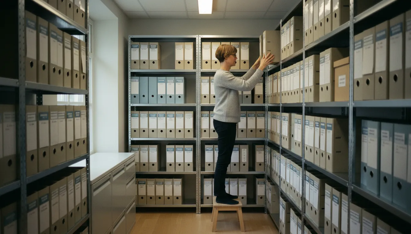 Yrittäjä nostaa arkistolaatikkoa hyllyyn pienen toimiston varastossa, kirjanpitolain säilytysajat