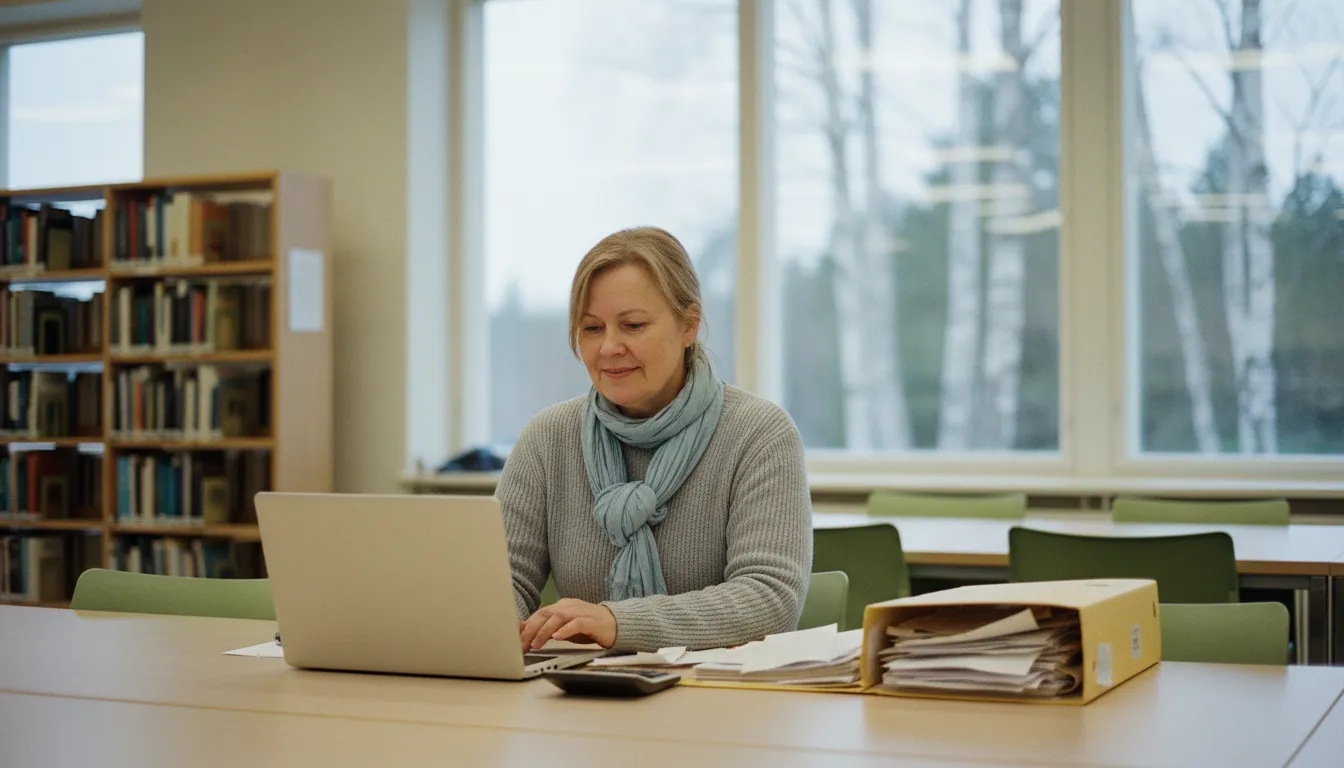 Yhdistyksen rahastonhoitaja tekee kirjanpitoa kannettavalla kirjaston lukusalissa, Kitsas kokemuksia