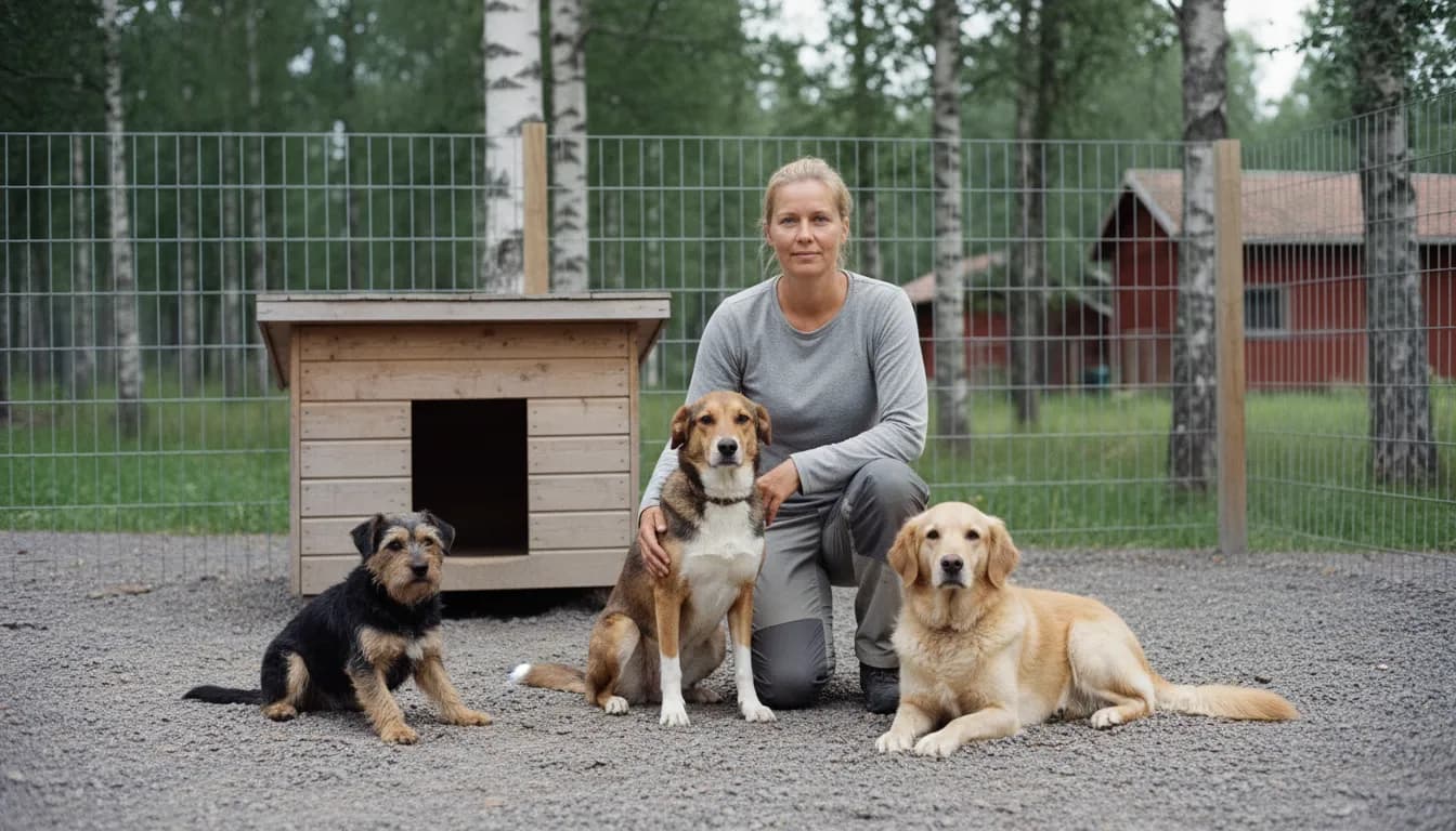 Koirahoitolan hoitaja polvillaan aidatussa soratarhassa kolmen koiran kanssa, taustalla koivuja ja punainen rakennus