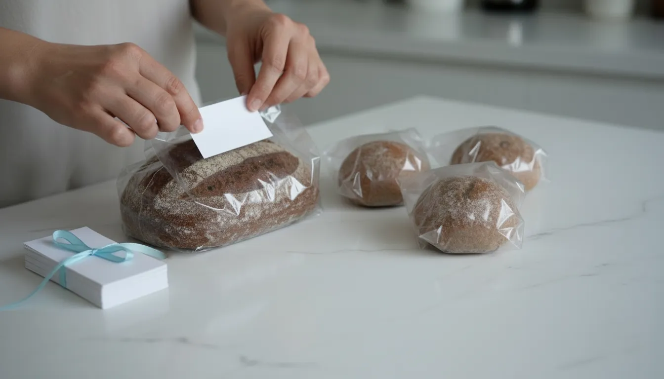 Leipuri kiinnittää tyhjää valkoista etikettiä ruisleipäpussiin keittiötasolla pienten leipäpussien ja etikettipinon vieressä