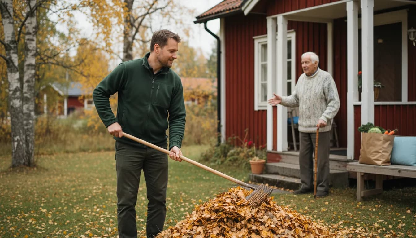 Kotipalveluyrittäjä haravoi koivunlehtiä punaisen puutalon pihalla, iäkäs mies seisoo kepin kanssa kuistilla