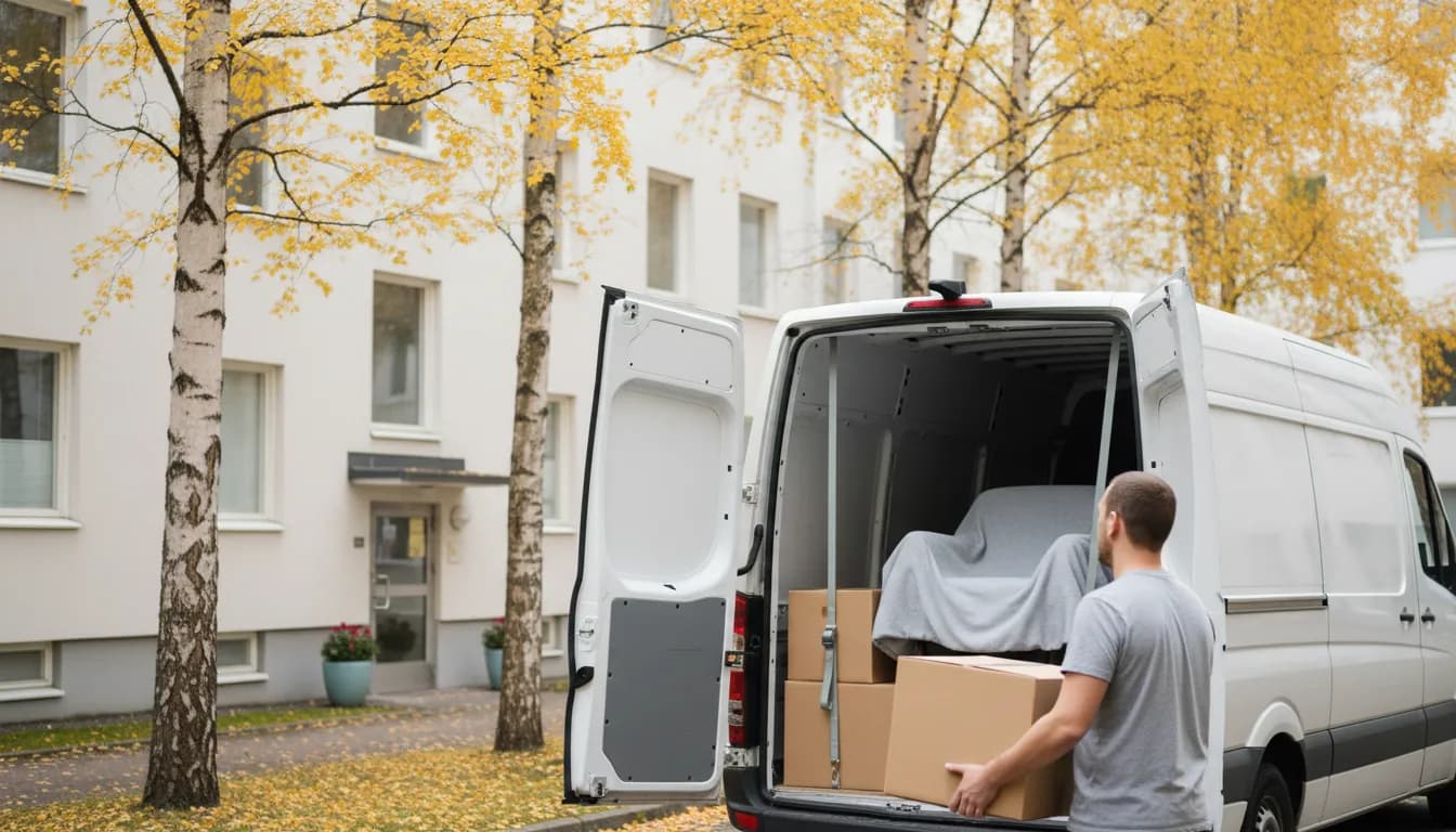 Muuttomies kantaa pahvilaatikkoa valkoisen pakettiauton takaovilta kerrostalon pihalla syksyllä