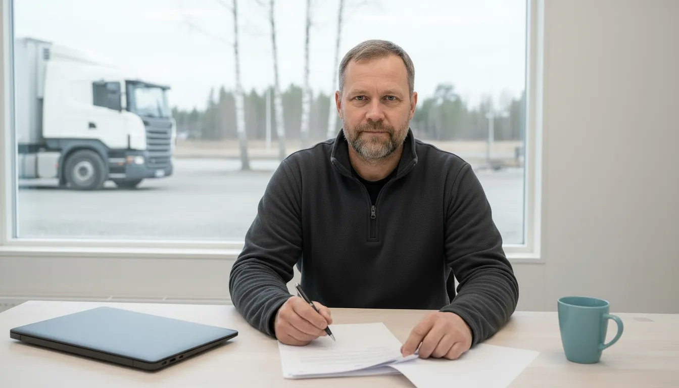 Kuljetusyrittäjä istuu varikon toimistossa kynä ja paperit edessään, ikkunan takana pihalla seisoo valkoinen kuorma-auto