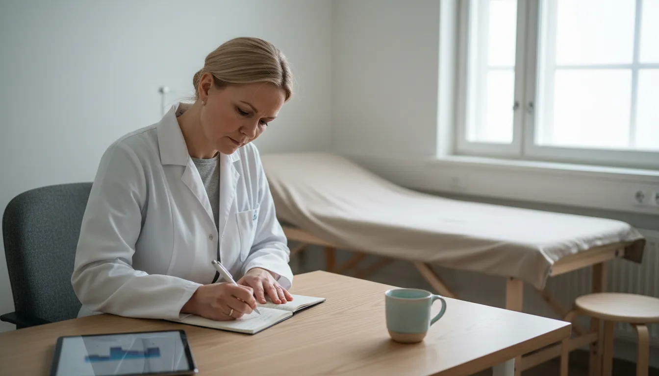 Lääkäri kirjoittaa muistiinpanoja vastaanottohuoneen työpöydän ääressä potilaskäyntien välissä, lääkärin kirjanpito