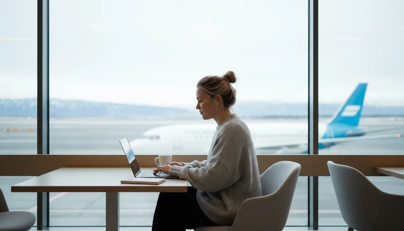 Freelancer työskentelee kannettavalla lentokentän portilla, Incoterms toimituslausekkeet