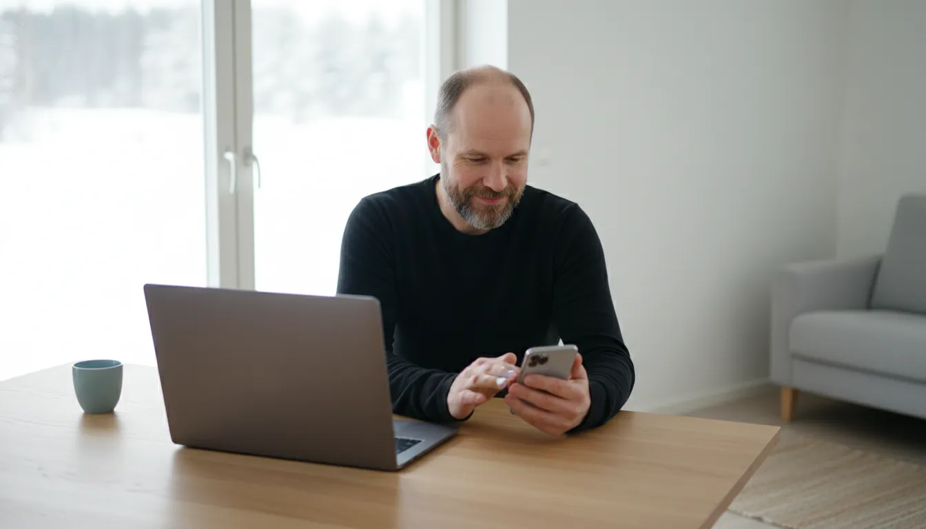 Mies mustassa neuleessa maksaa laskua puhelimella pöydän ääressä talvisessa olohuoneessa, edessä kannettava ja sininen muki