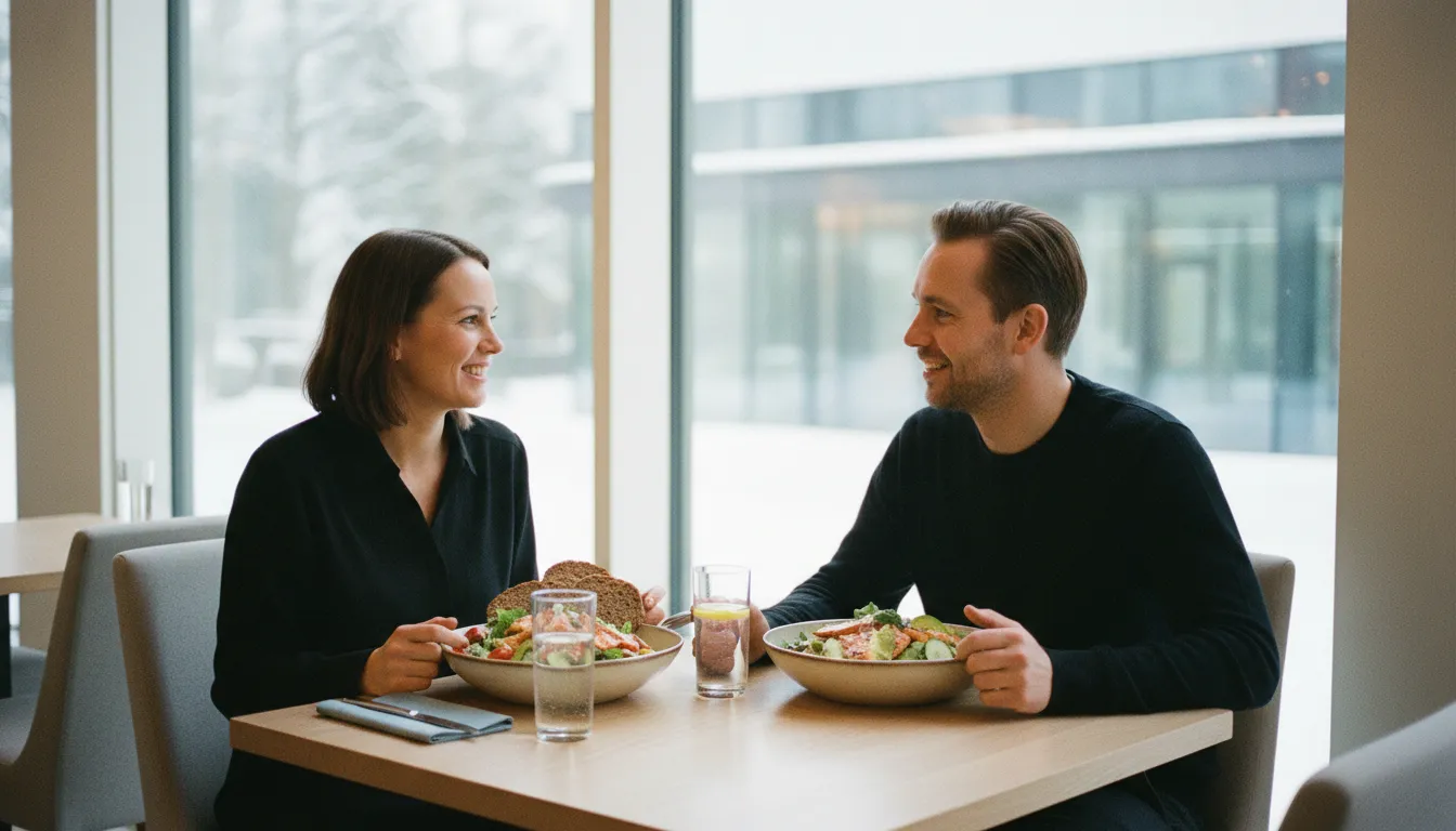 Kaksi työkaveria syö salaattilounasta valoisan lounasravintolan pöydässä talvisen ikkunan edessä