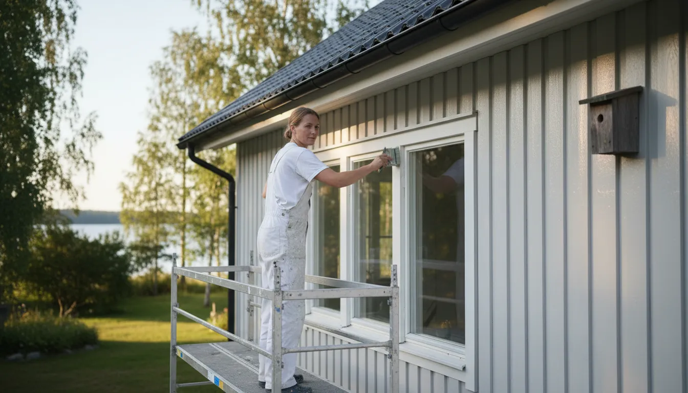 Maalari valkoisessa haalarissa maalaa vaaleanharmaan puutalon ikkunanpieliä alumiinitelineeltä kesäillan valossa