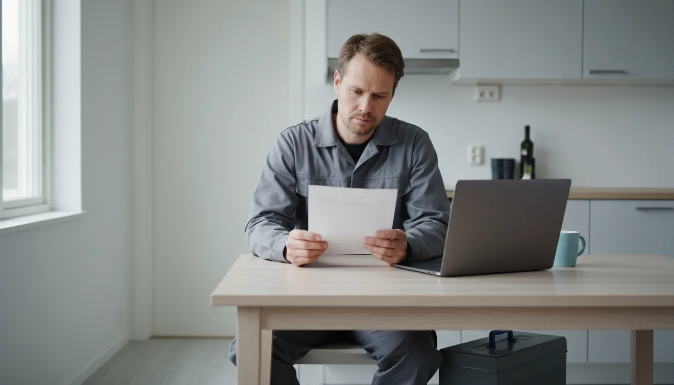 Harmaisiin työvaatteisiin pukeutunut mies lukee paperia keittiön pöydän ääressä, vieressä kannettava ja työkalulaatikko