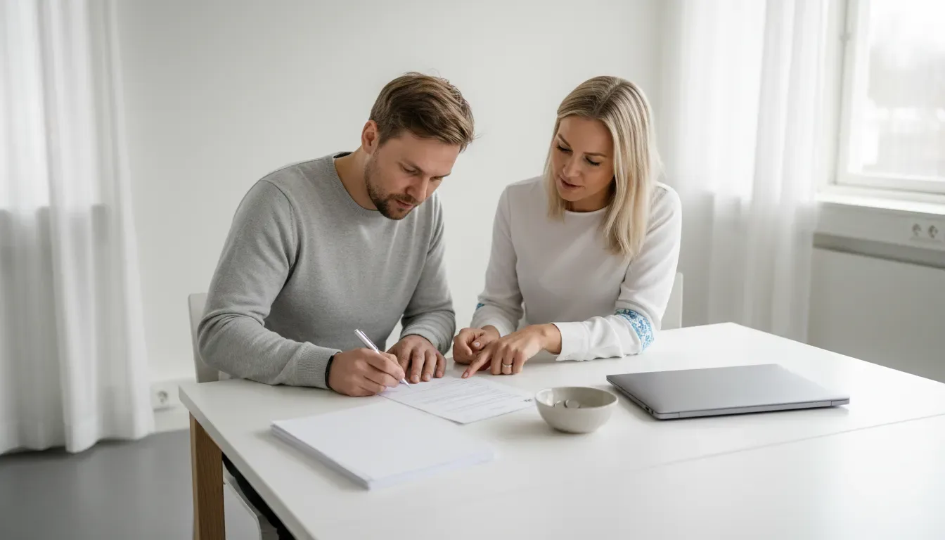 Kaksi osakasta allekirjoittaa paperia valkoisen pöydän ääressä, vieressä kolikkokulho ja suljettu kannettava