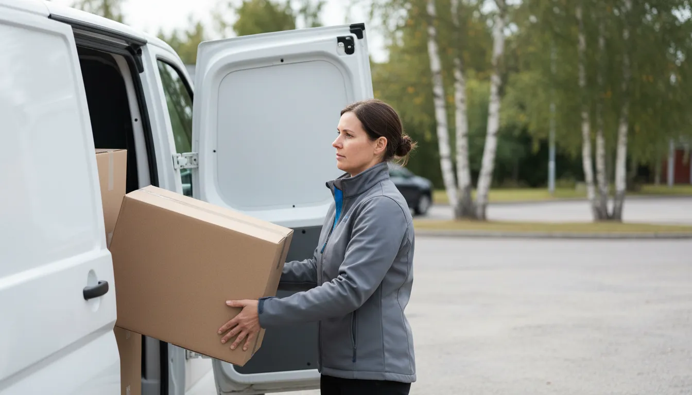 Kuljetusyrittäjä nostaa pahvipaketteja valkoisen pakettiauton takaoville aamuvalossa koivujen edessä