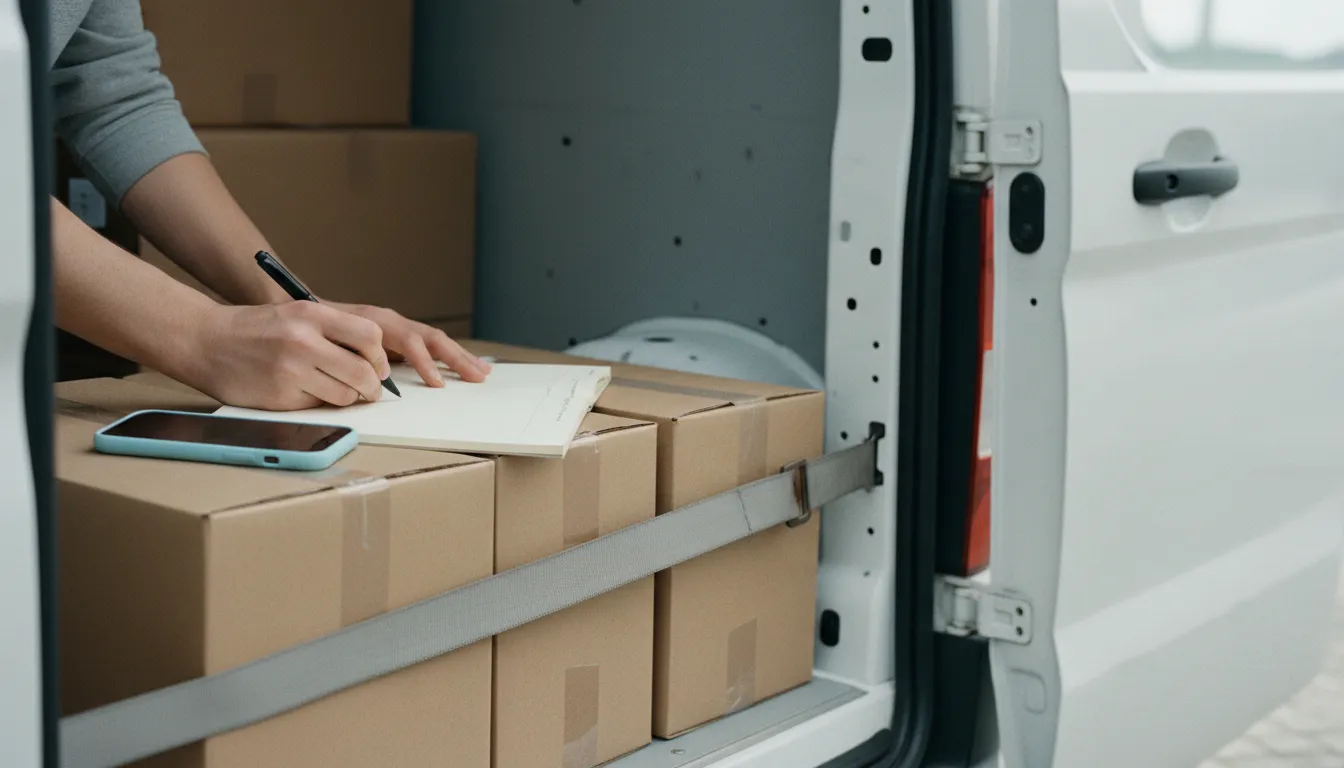 Kuljettaja kirjoittaa paperiseen ajopäiväkirjaan pakettiauton tavaratilassa kiinnitettyjen pakettien päällä