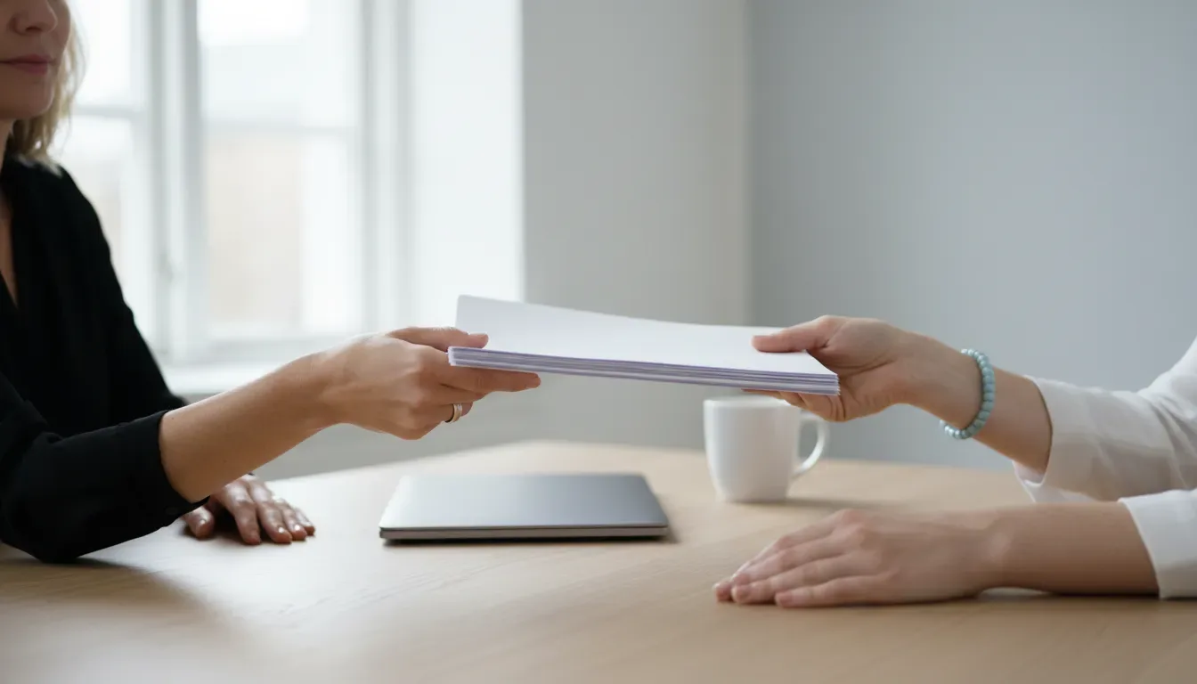 Yrittäjä ojentaa paperipinon kirjanpitäjälle vaalean puupöydän yli, pöydällä suljettu kannettava ja kahvikuppi