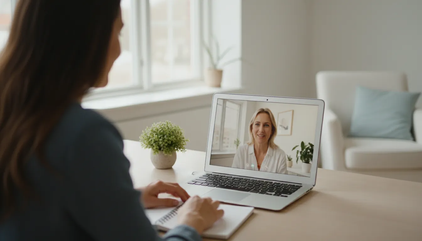 Kirjanpitäjä ja pienyrittäjä käyvät läpi sopimusta videopuhelussa, tilitoimiston valinta