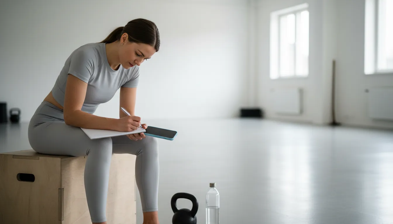 Personal trainer kirjoittaa muistiinpanoja vihkoon plyo-laatikon päällä tyhjällä salilla treenin jälkeen