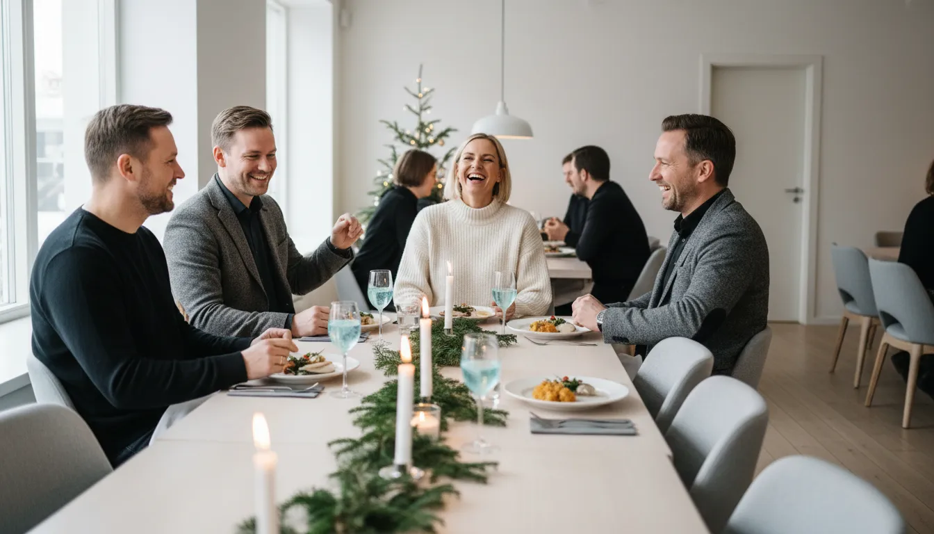 Työkaverit nauravat yhdessä pitkän pöydän ääressä valoisassa ravintolassa joulukuun pikkujouluissa