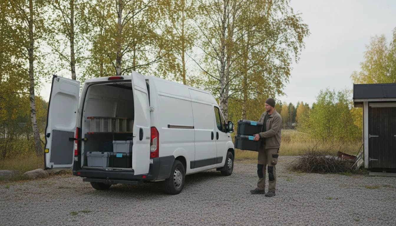 Pakettiauto ja työkalut pienen rakennusyrityksen pihalla aamulla, auton ja kaluston poistot