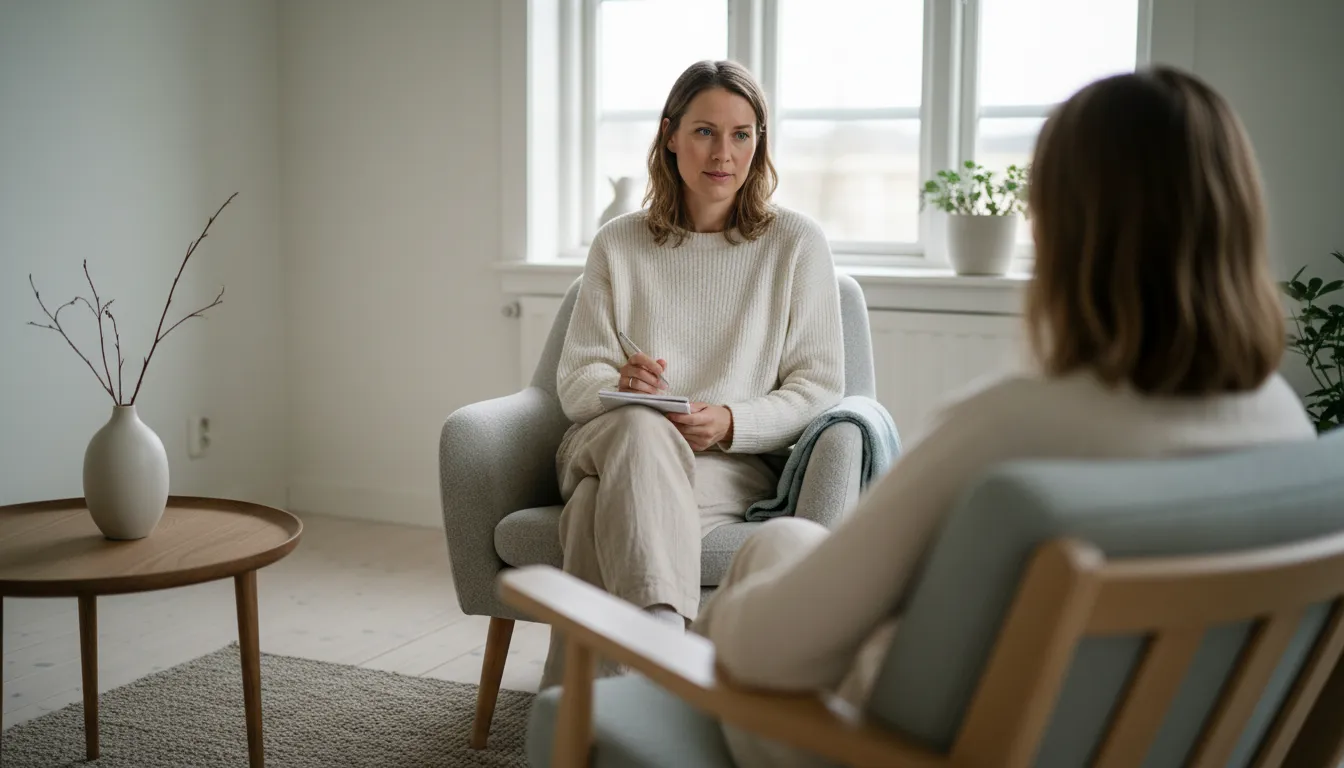 Psykoterapeutti kuuntelee asiakasta terapiahuoneen nojatuolissa muistilehtiö sylissään, ALV-vapaa psykoterapia