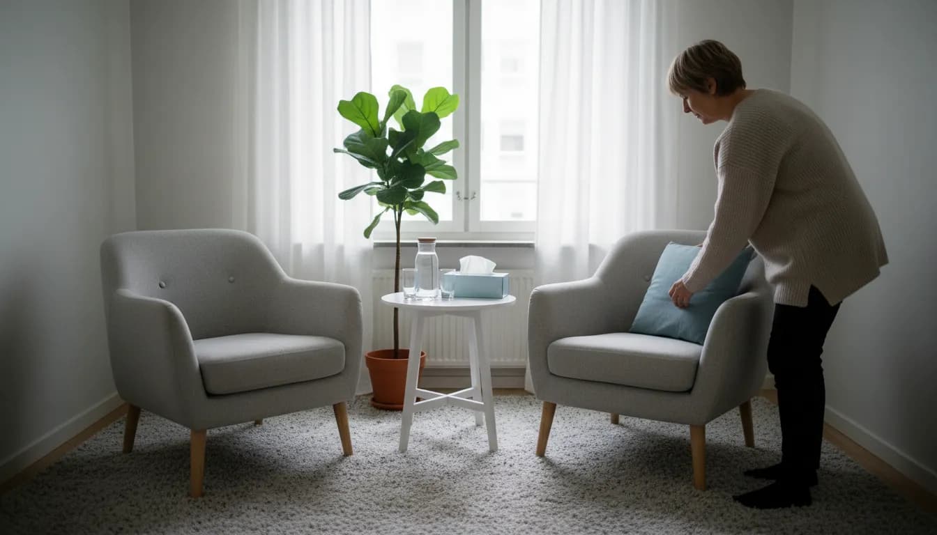 Psykoterapeutti asettelee tyynyä nojatuoliin uudessa vastaanottohuoneessa, kahden tuolin välissä pöytä ja vesikarahvi
