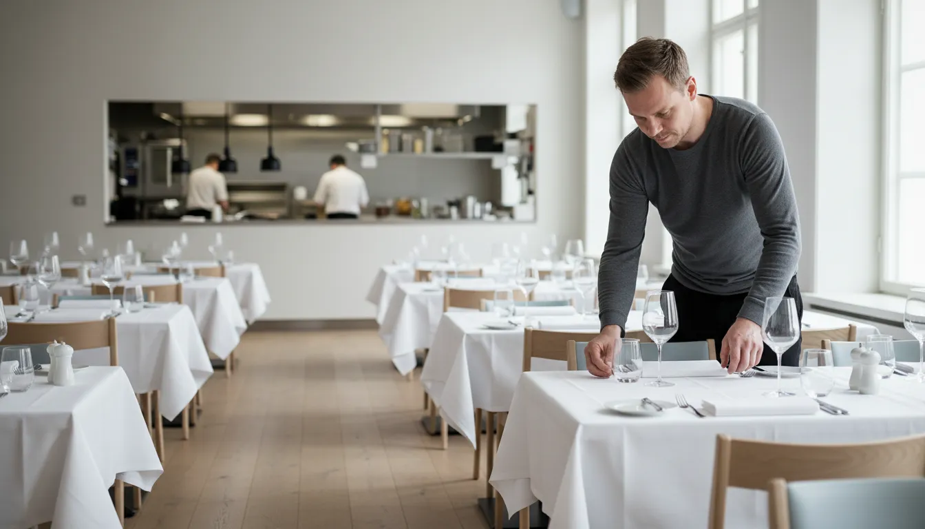 Ravintoloitsija kattaa viinilaseja valkoisille pöytäliinoille, taustalla avokeittiö ennen avaamista