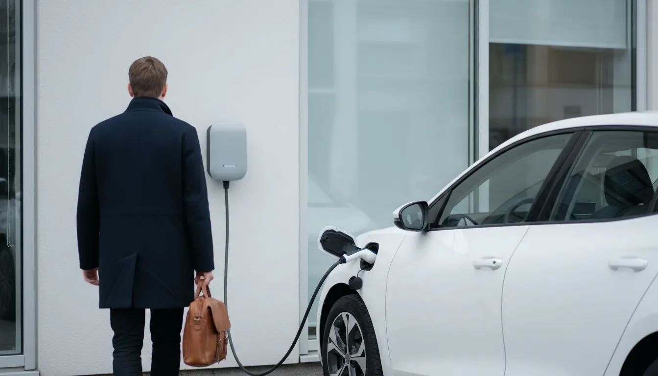 Valkoinen sähköauto latautuu seinälaturissa toimistorakennuksen edessä, mies kävelee salkku kädessä