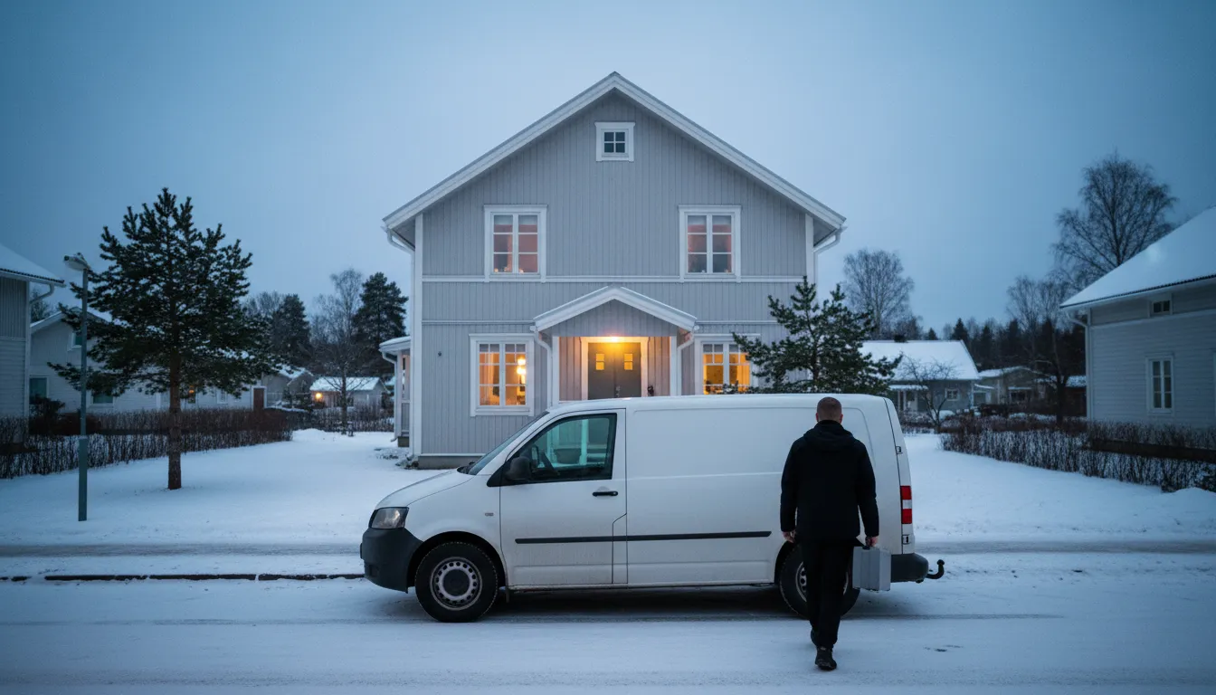 Sähköasentaja kävelee työkalulaukun kanssa pakettiauton luo omakotitalon edessä lumisena talvi-iltana