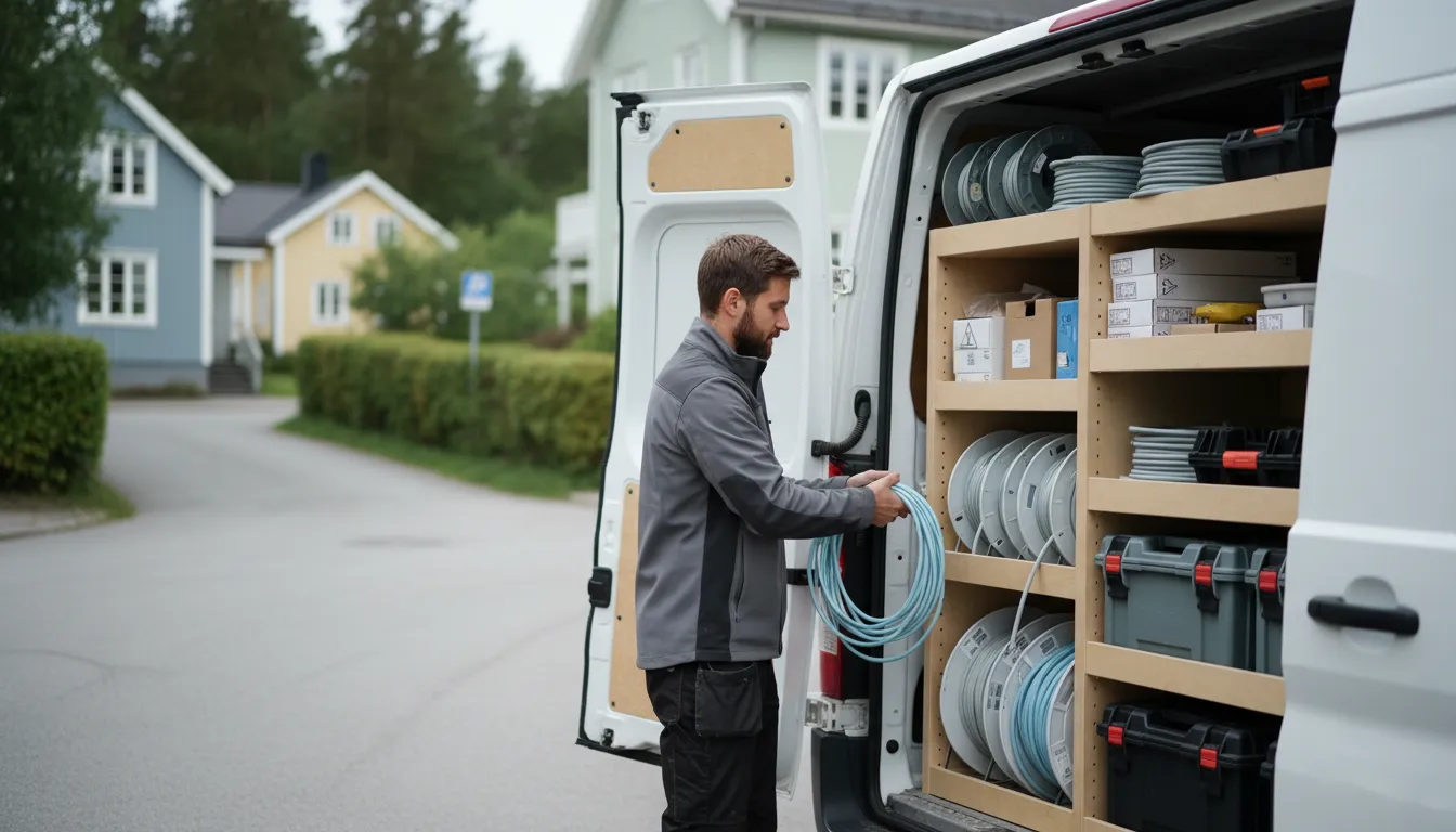 Pakettiauton takatila täynnä kaapelikeloja, sähkötarvikelaatikoita ja työkaluja, tarvikkeet sähköurakoitsijan kirjanpidossa