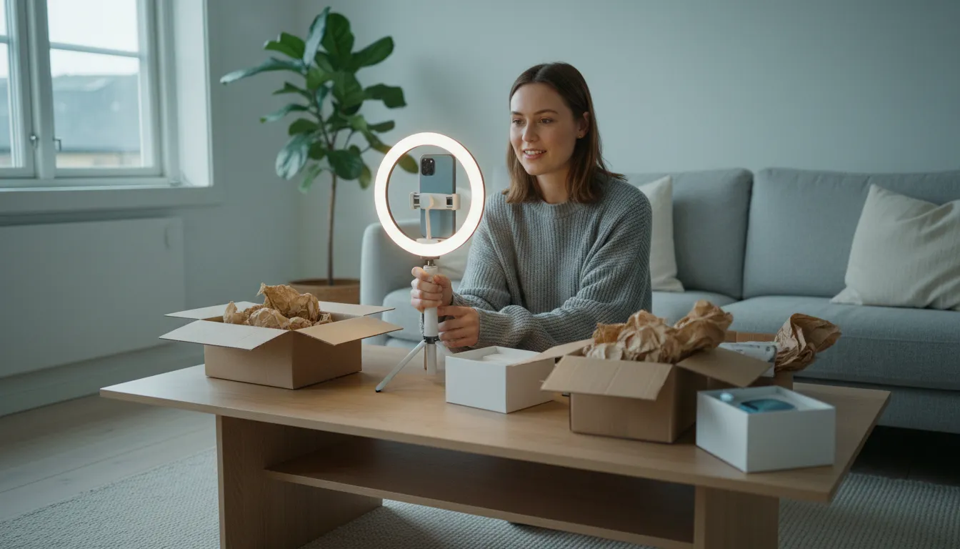 Nuori sisällöntuottaja kuvaa videota puhelimella rengasvalon edessä kotonaan, pöydällä avattuja tuotepaketteja, somevaikuttajan verotus