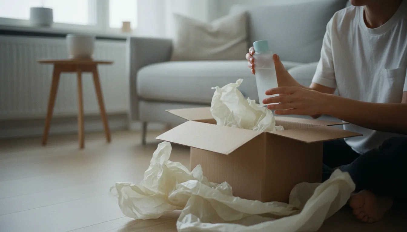 Sisällöntuottaja avaa yrityksen lähettämää tuotepakettia olohuoneen lattialla ja pitelee tuotetta kädessään, tuotelahjojen verotus
