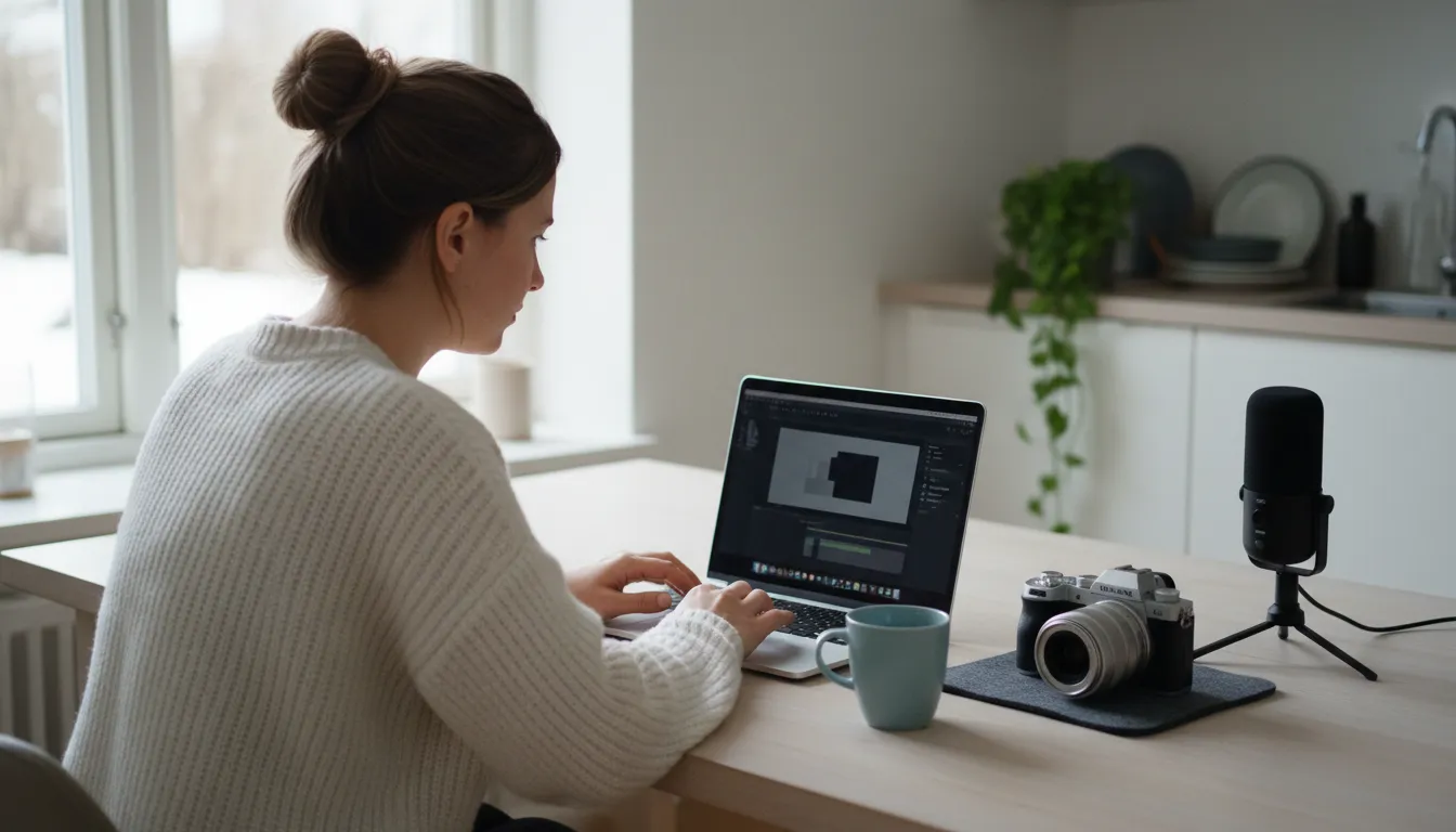 Sisällöntuottaja editoi videota kannettavalla tietokoneella keittiön pöydän ääressä, kamera ja mikrofoni vieressä, tubettajan verotus ja kulut