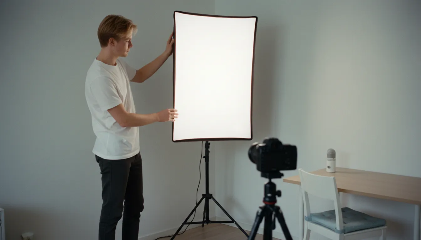 Sisällöntuottaja säätää softbox-valoa kotistudiossa, etualalla kamera jalustalla ja pöydällä mikrofoni