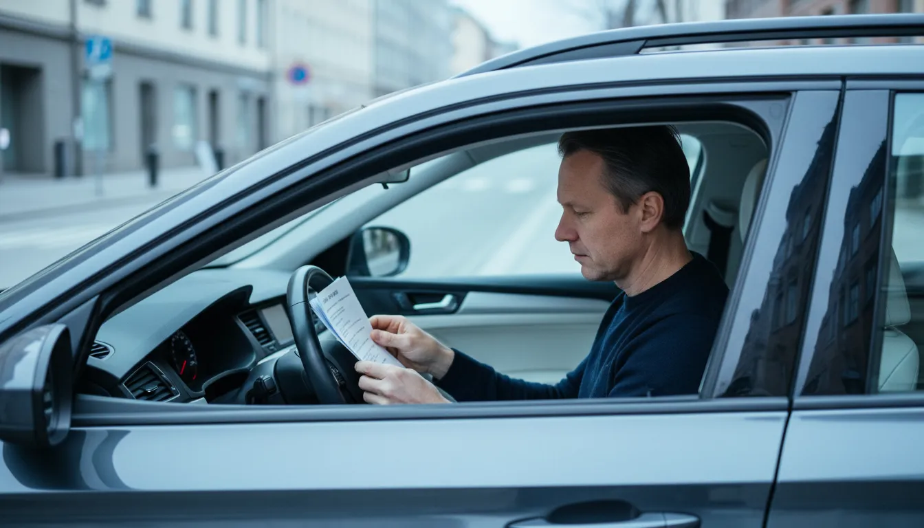 Taksiyrittäjä käy läpi lupapapereita kansiosta autonsa kuljettajan paikalla iltahämärässä