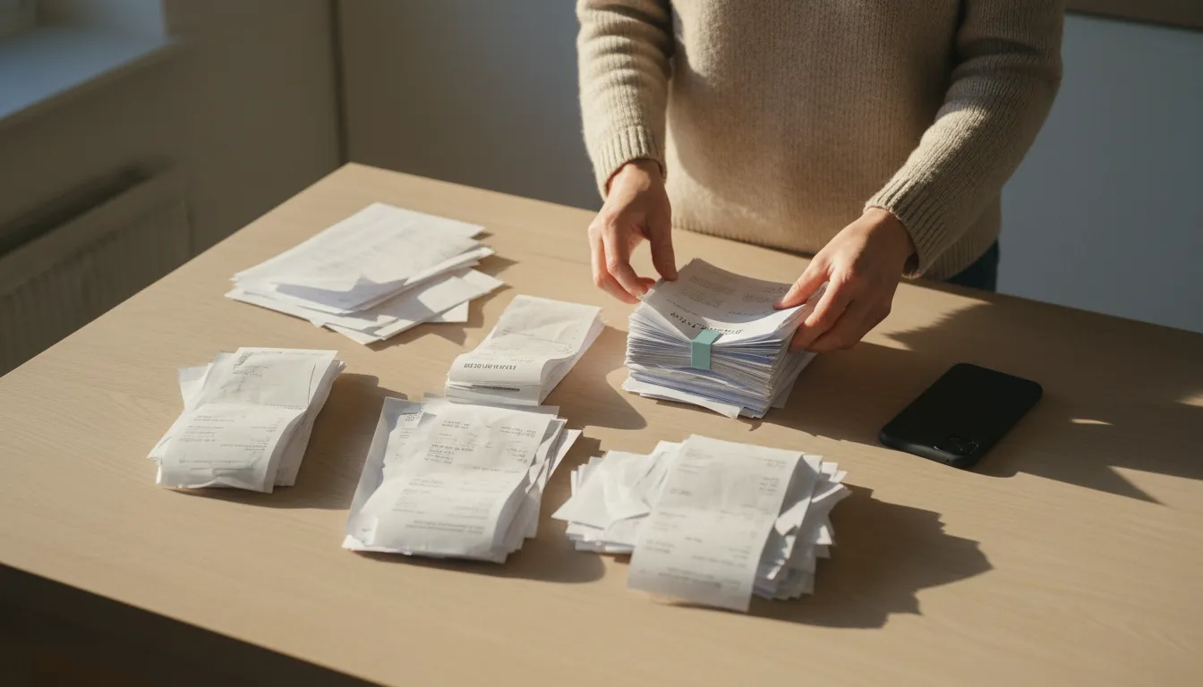 Pienyrittäjä käy läpi kuitteja ja laskuja keittiön pöydän ääressä, Talenom hinta riippuu laskujen määrästä