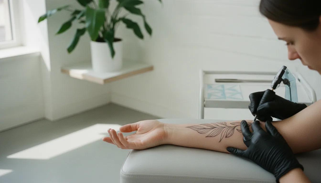 Tatuoija tekee käsineet kädessä hienoviivaista lehtikuviota asiakkaan käsivarteen valoisassa studiossa