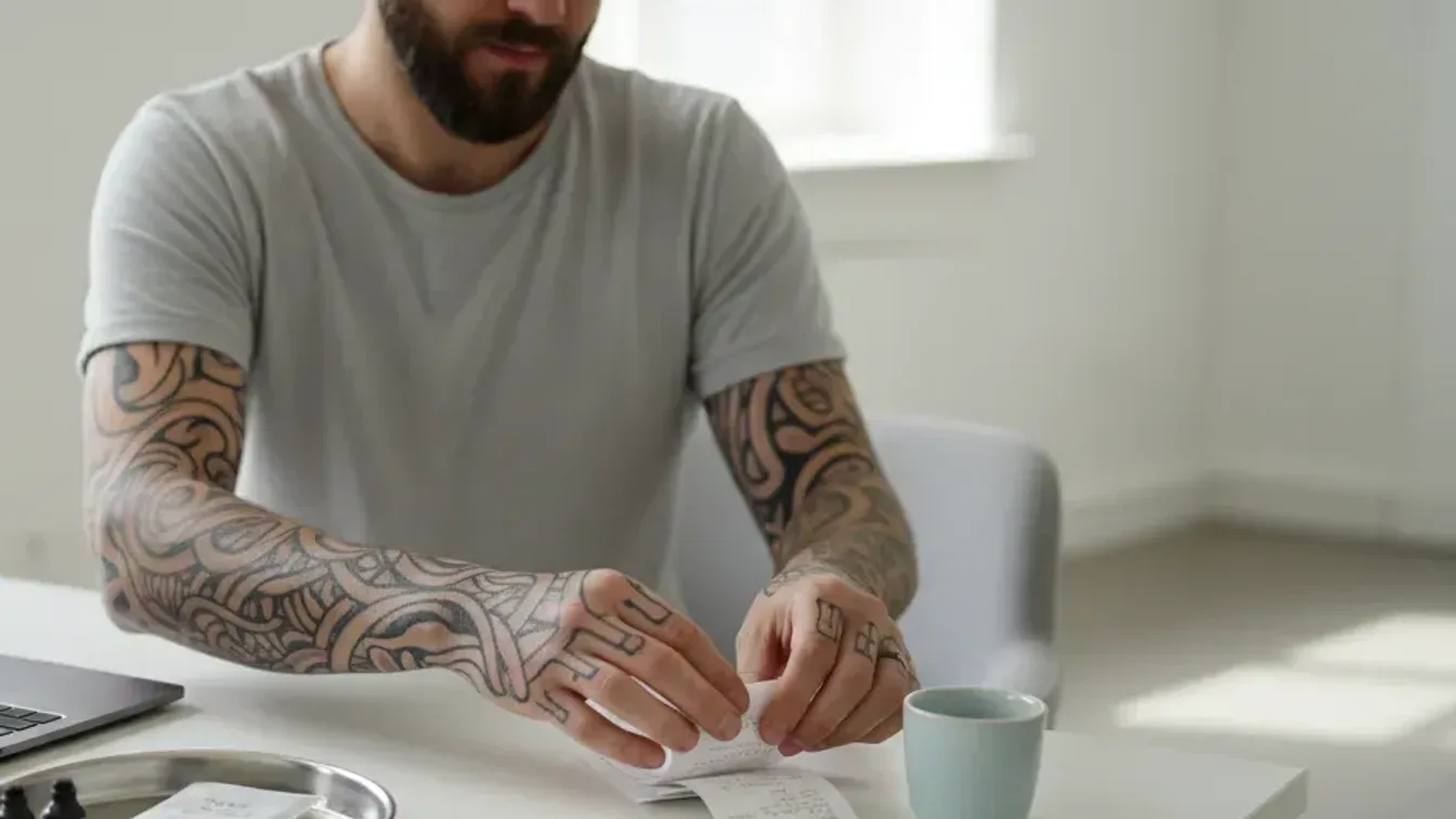 Tatuoija avaa kuittirullaa valkoisella pöydällä, vieressä kahvikuppi ja tarjotin väripulloineen