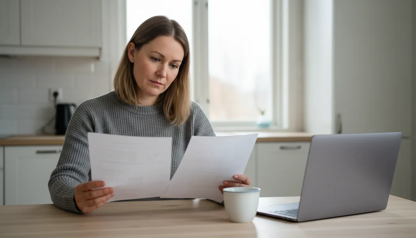Yrittäjä vertailee kahta paperitulostetta keittiön pöydän ääressä kahvikupin vieressä, Tauko vai Holvi Zen