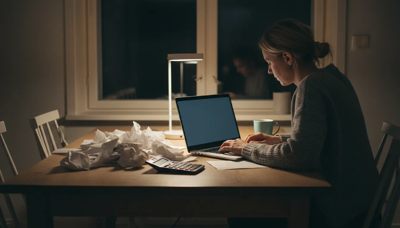 Yrittäjä tekee kirjanpitoa myöhään illalla keittiön pöydän ääressä kuittipinon ja kannettavan tietokoneen kanssa, kirjanpito itse