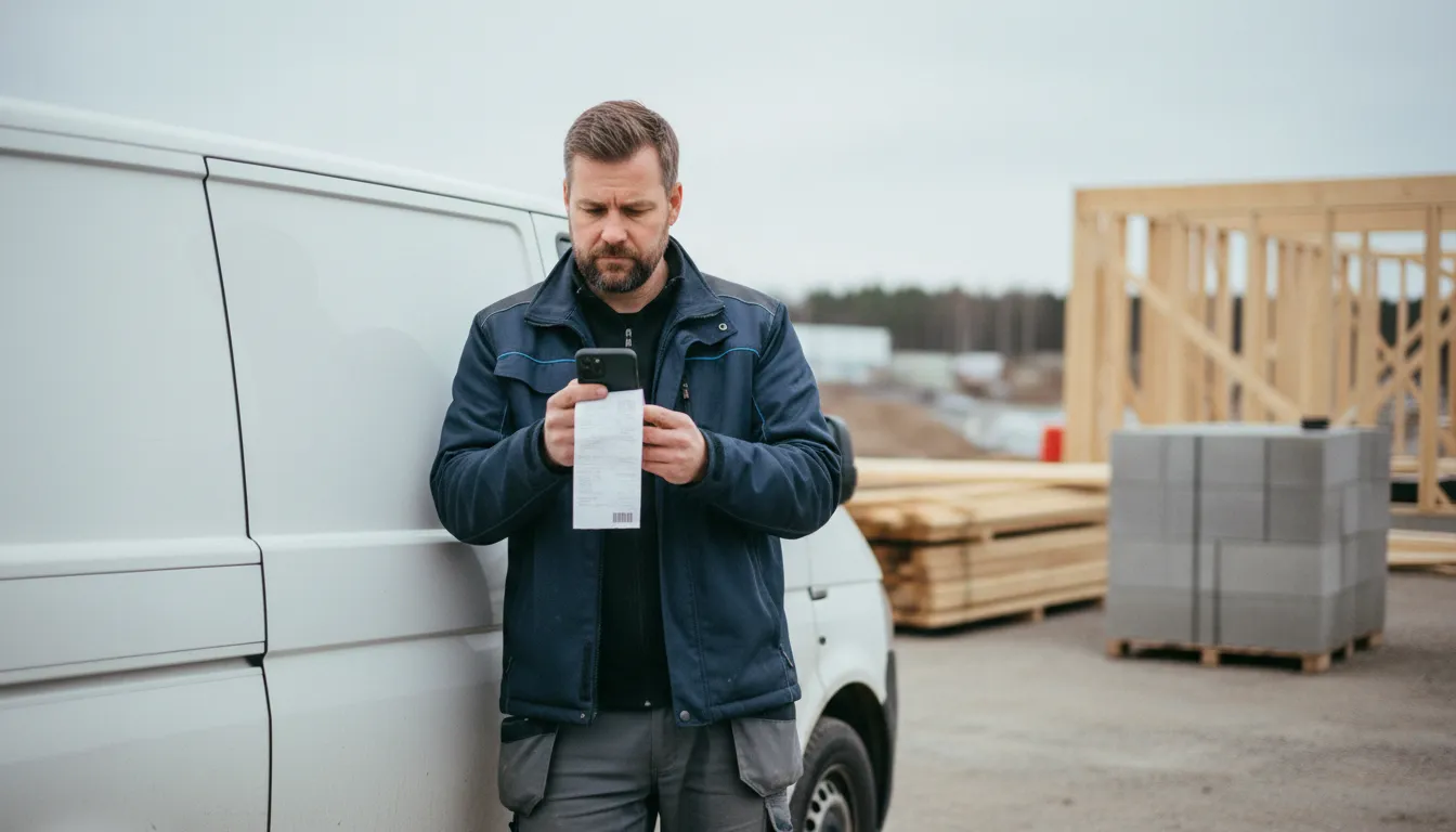 Rakennusalan yrittäjä kuvaa tavarantoimittajan kuittia puhelimella pakettiauton kyljellä työmaalla, oikea tili kirjanpidossa