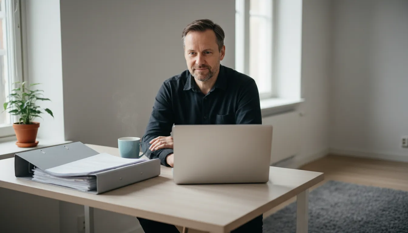 Yrittäjä kirjoittaa sähköpostia kannettavalla kotitoimistossa aamulla, tilitoimiston irtisanominen