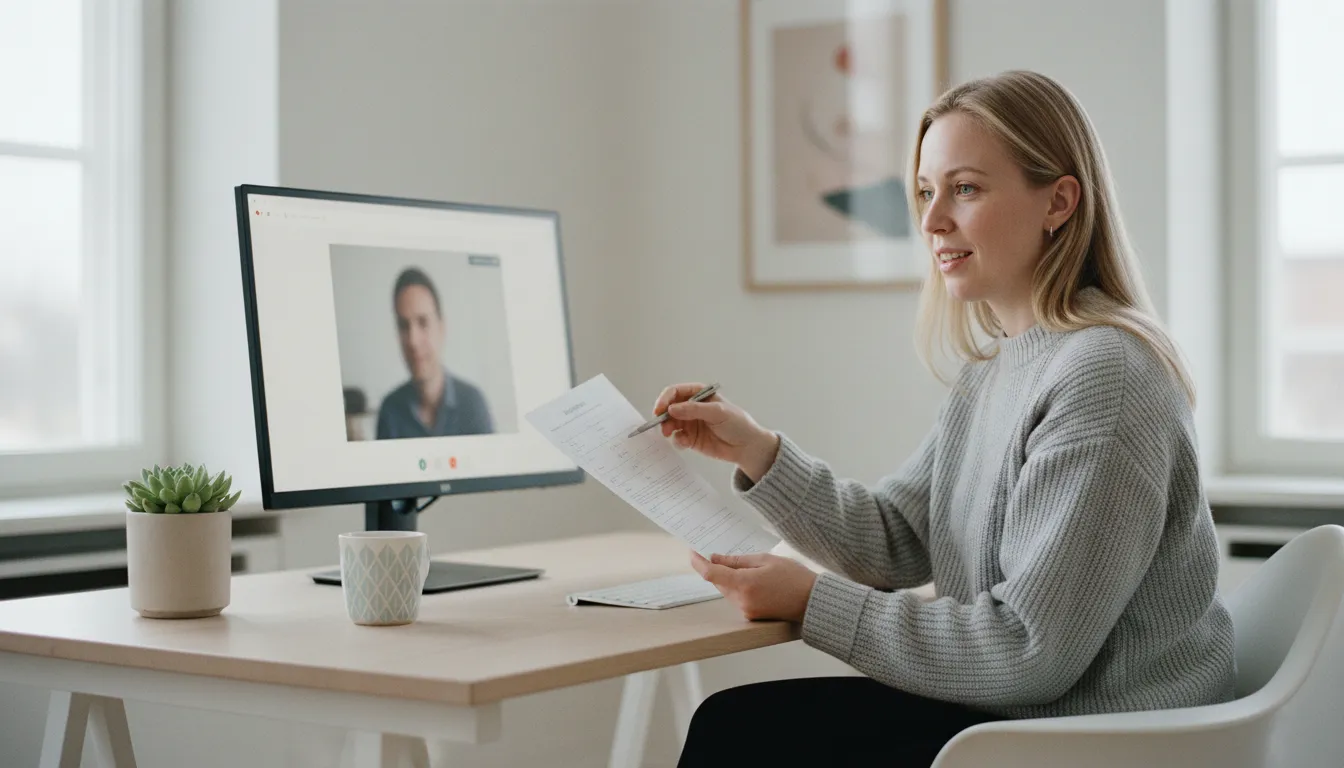 Kirjanpitäjä käy yrittäjän kanssa läpi vaihdon tarkistuslistaa videopuhelussa, tilitoimiston vaihto