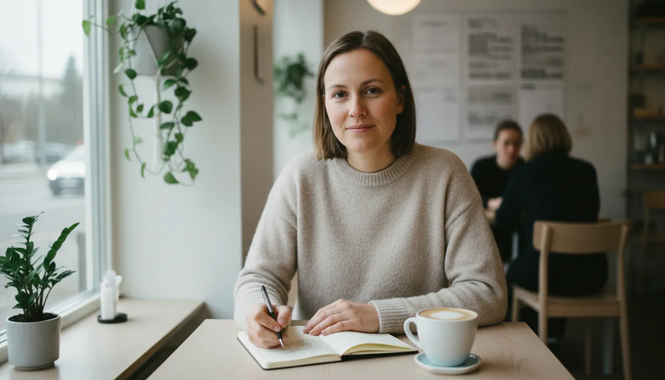Uusi yrittäjä kirjoittaa muistiinpanoja yritysideastaan kahvilan pöydässä, toiminimen perustamisen vaiheet